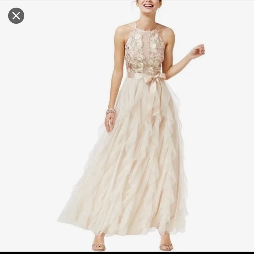 Nights by Teeze Me Champagne Floral Chiffon Tiered Ruffle Gown Size 7 Formal